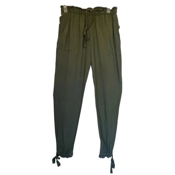 Joggers Paper Bag Waist with Elastic Pockets Side Ankle Tie Olive Green Casual - Picture 3 of 9